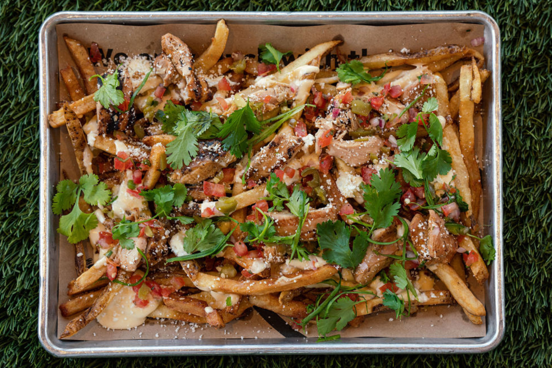 Loaded fries on a tray on grass