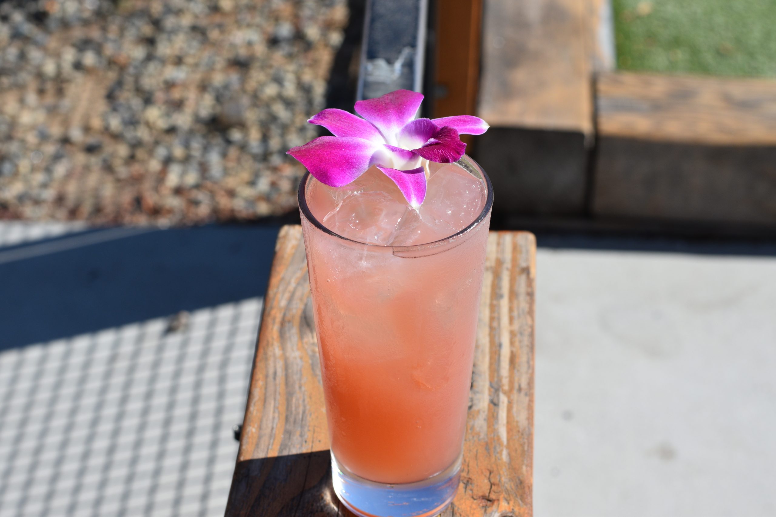A pink cocktail on a ledge topped with an orchid garnish.