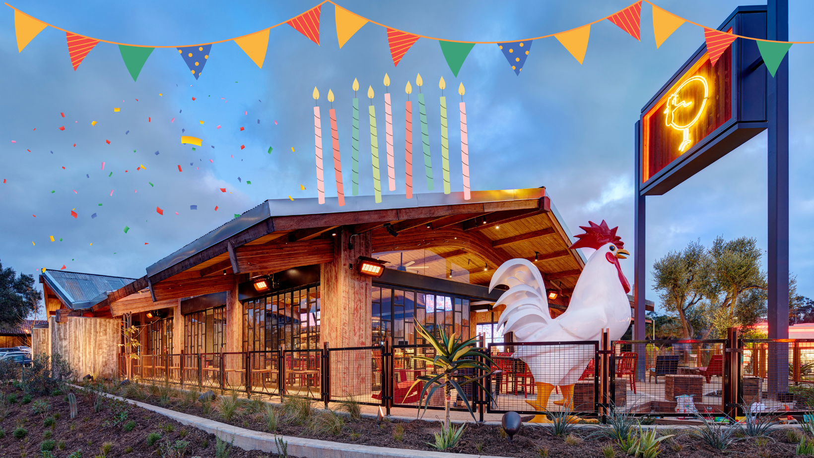 The Crack Shack Encinitas building with party graphics including streamers, candles, and confetti.